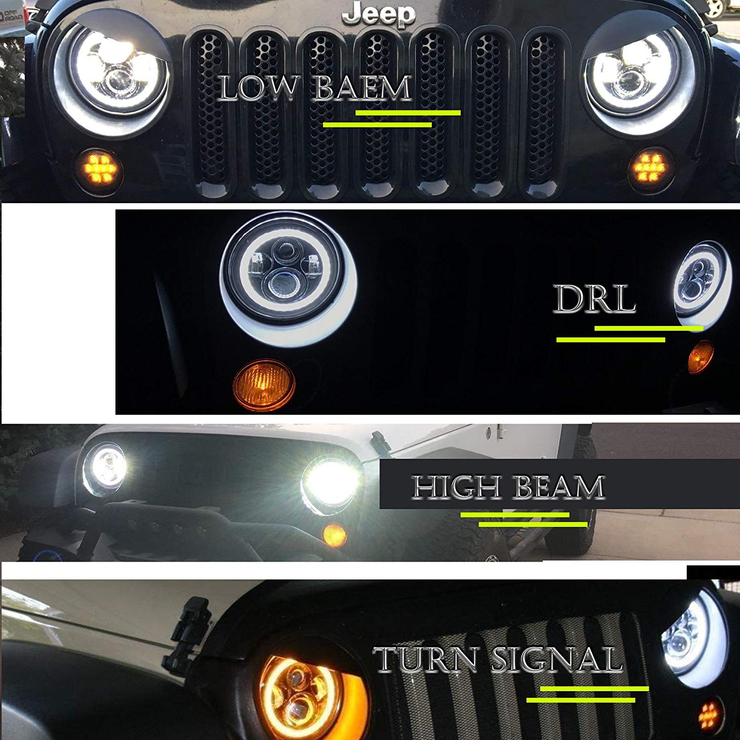 7 pouces Jeep Wrangler JK Phares High Low Beam DRL