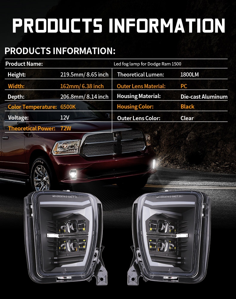 Spécifications de l'assemblage des phares antibrouillard Dodge Ram 1500 2013-2017