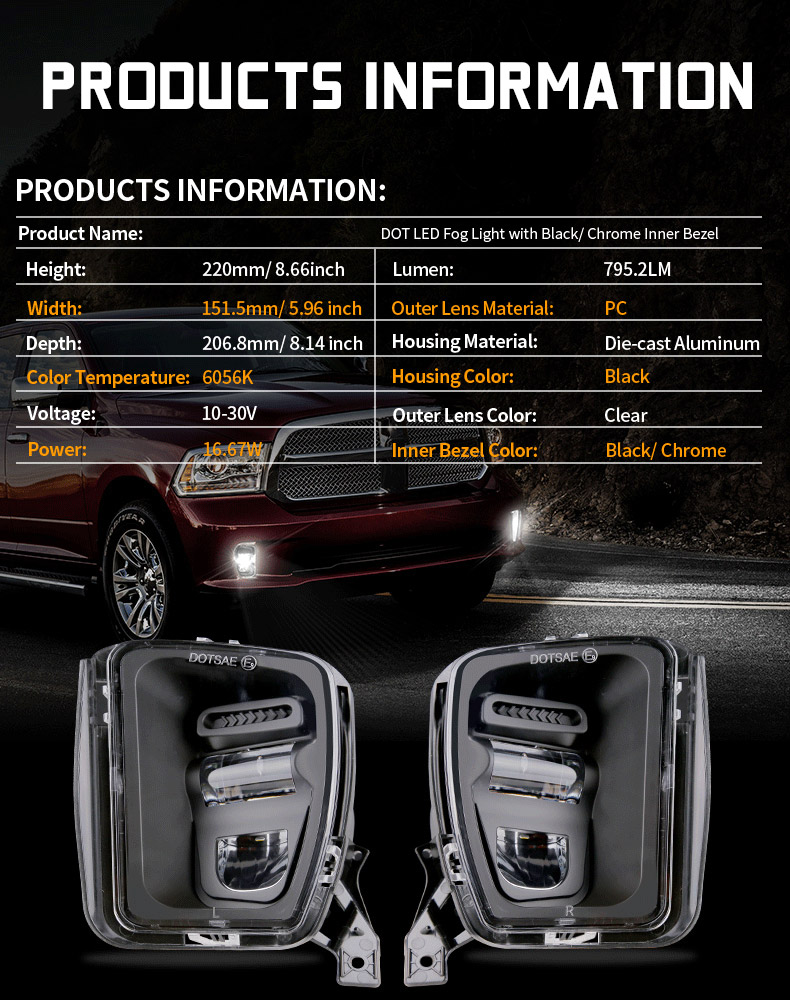 Spécifications des phares antibrouillard à DEL Dodge Ram 1500 2013-2018