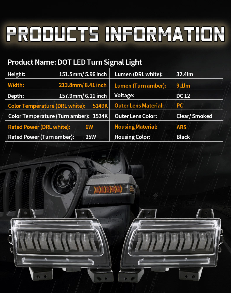 Especificação de indicadores de direção de led Jeep JL Switchback