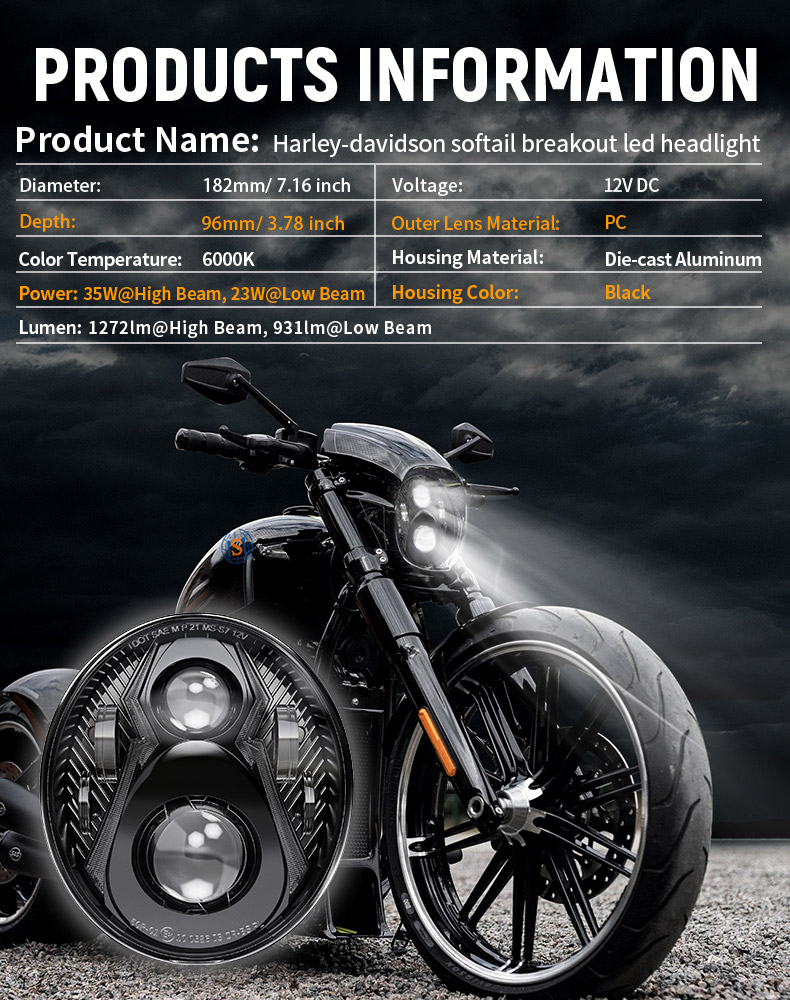 Especificação do farol de led breakout da Harley Davidson