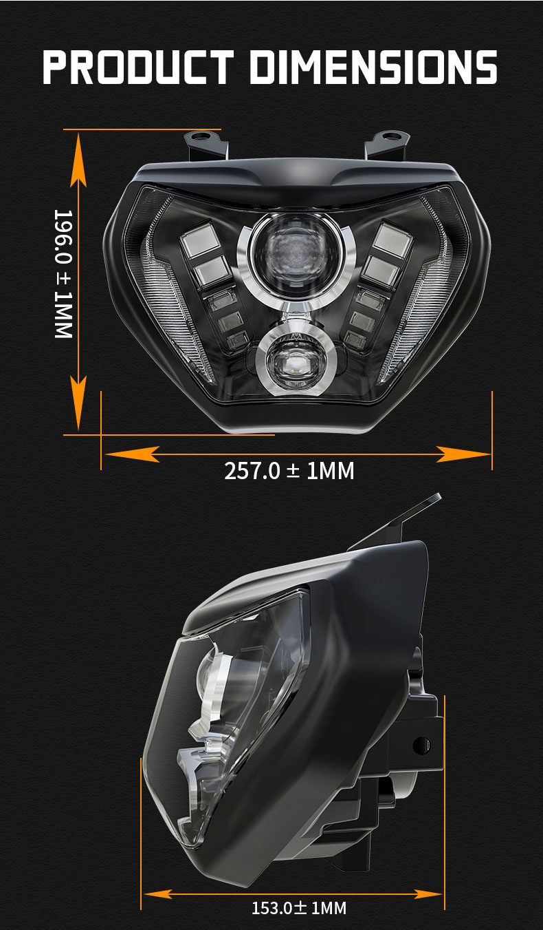 Dimensão do farol de led customizado Yamaha MT 09 pós-venda